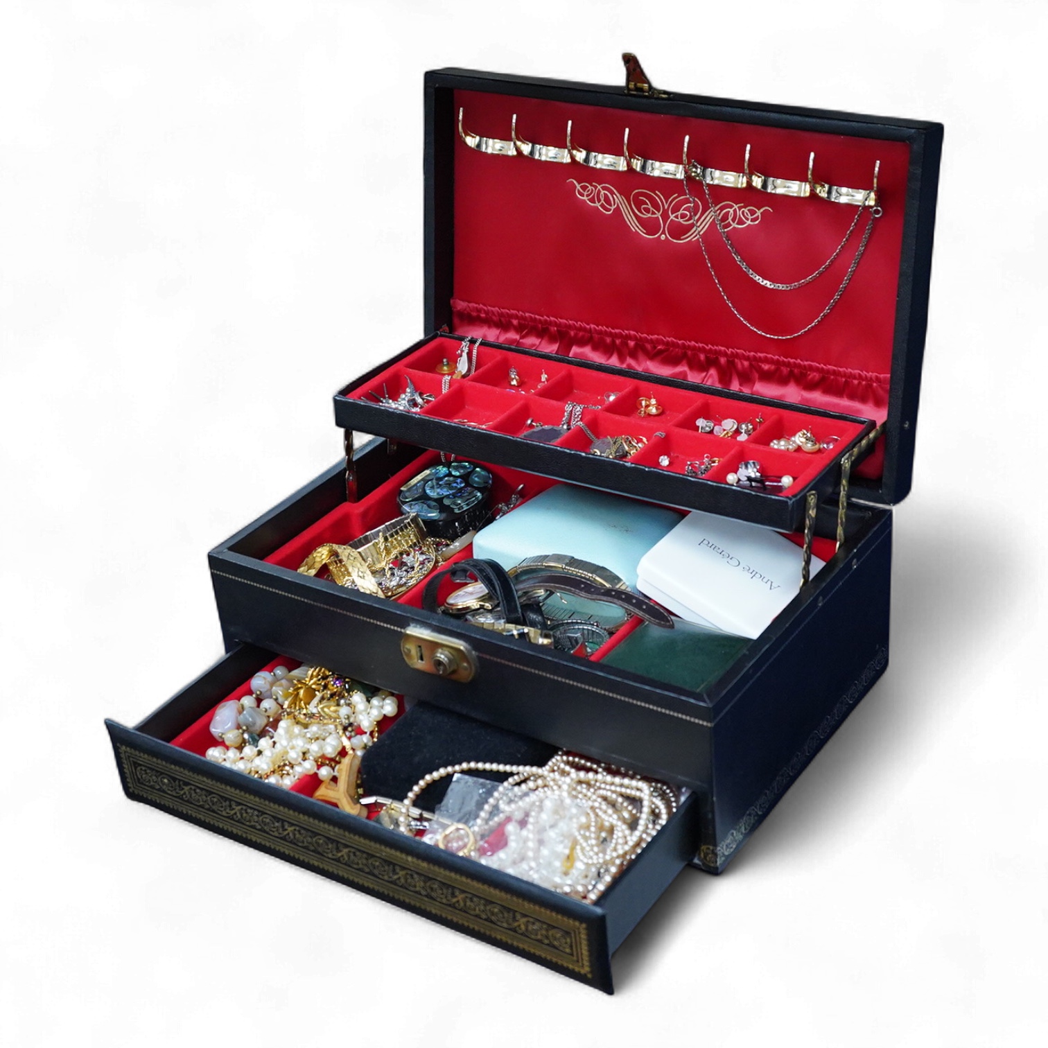A jewellery box and contents to include a 935 white metal and paste set swallow brooch, silver locket on chain, white metal and costume jewellery, agate necklace and wrist watches including Seiko, Lanco, Lorus and Rotary